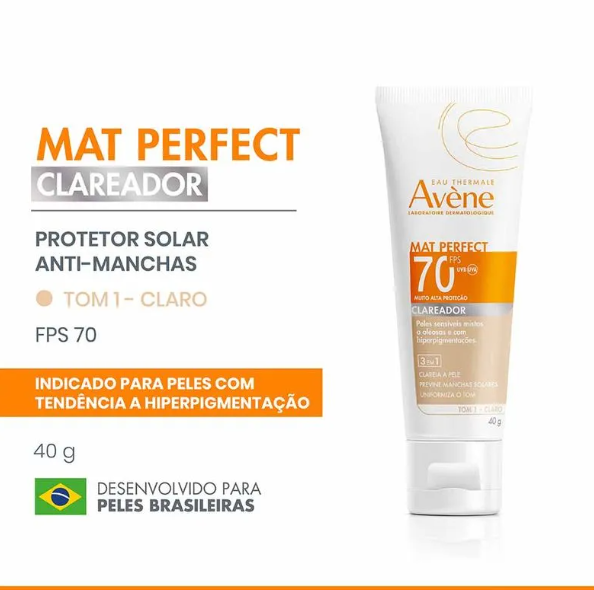 Protetor Solar Facial Avène Mat Perfect FPS70 Fluido Clareador Claro 40g - Imagem 3
